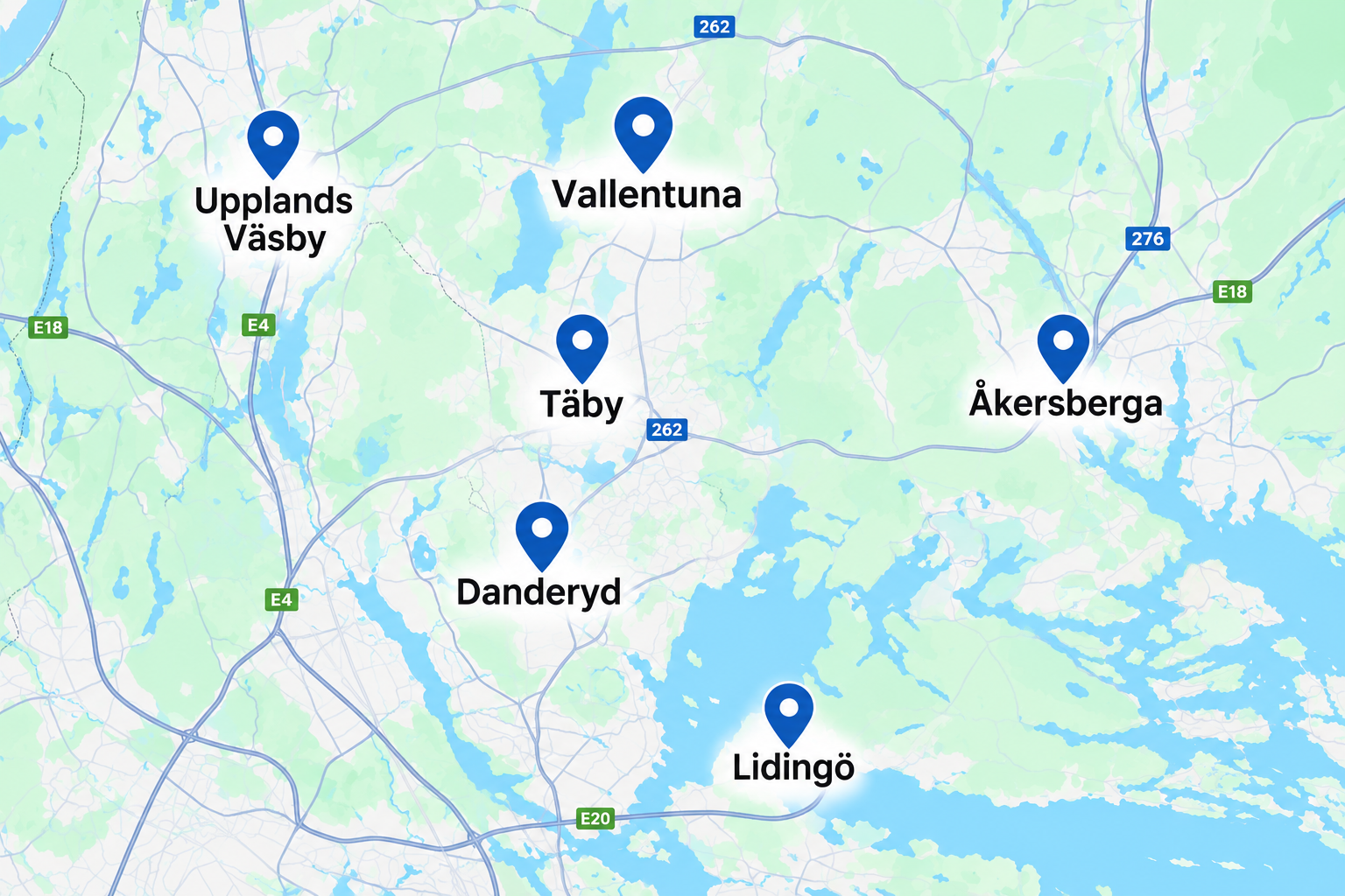 Karta över DirektSlips område norr om Stockholm: Vallentuna, Täby och Danderyd